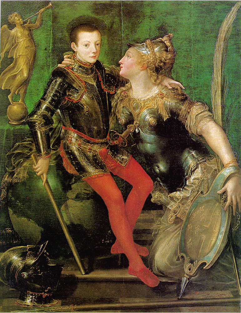 01-Ritratto allegorico con Parma che abbraccia il giovane Alessandro Farnese che indossa una preziosa armatura.Opera del 1556 circa di Girolamo Mazzola Bedoli