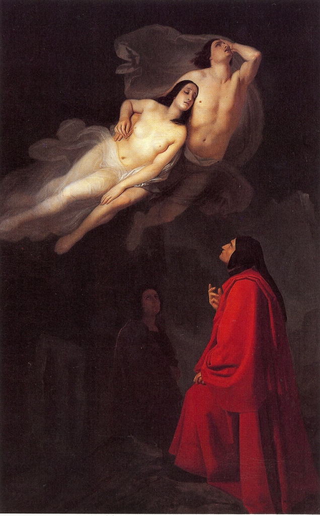 Dante e Virgilio nel Canto V dell'Inferno incontrano Paolo e Francesca, olio su tela di Giuseppe Frascheri, 1846, Civica Galleria d'Arte Moderna Savona