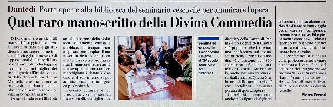 La Gazzetta di Parma del 26 marzo 2023 riferisce del Dantedì
