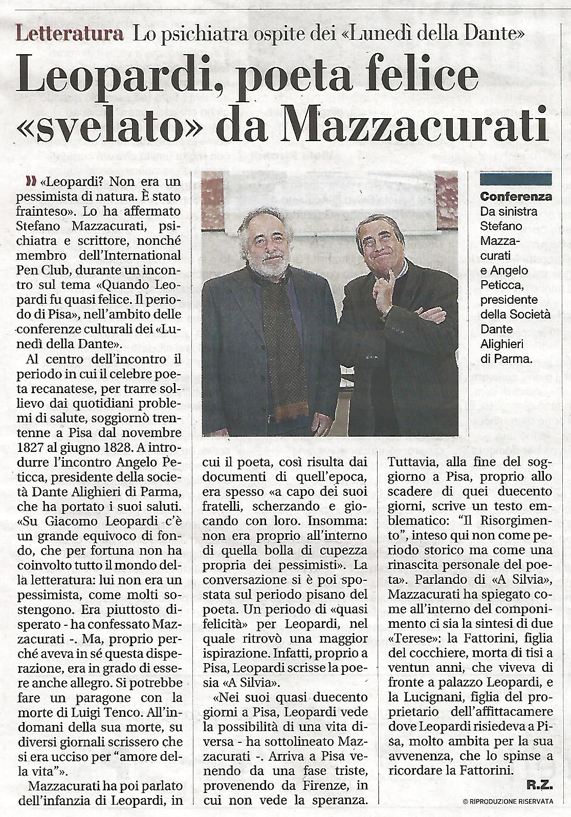 Ancora la Gazzetta a riportare lo svolgimento del Lunedì della Dante col dott. Stefano Mazzacurati