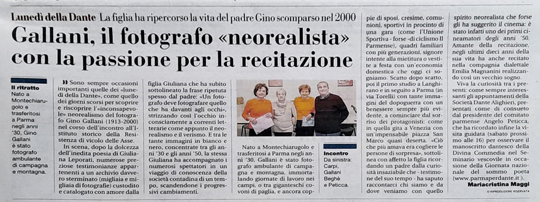 La Gazzetta di Parma del 13 aprile 2023 ha dedicato ampio spazio alla conferenza in ricordo di Gino Gallani