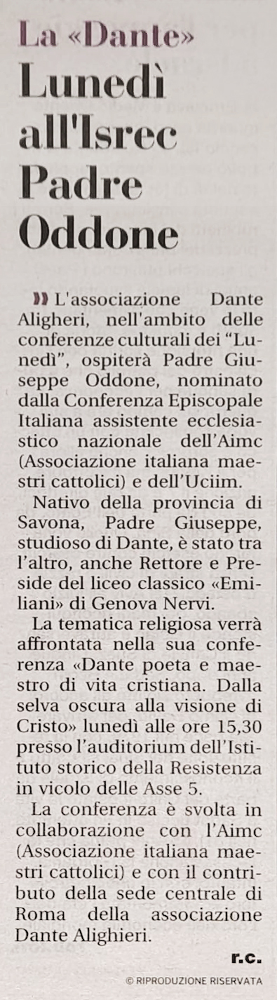 La Gazzetta di Parma del 2 dicembre 2023 presenta a pagina 18 la conferenza di Padre Oddone